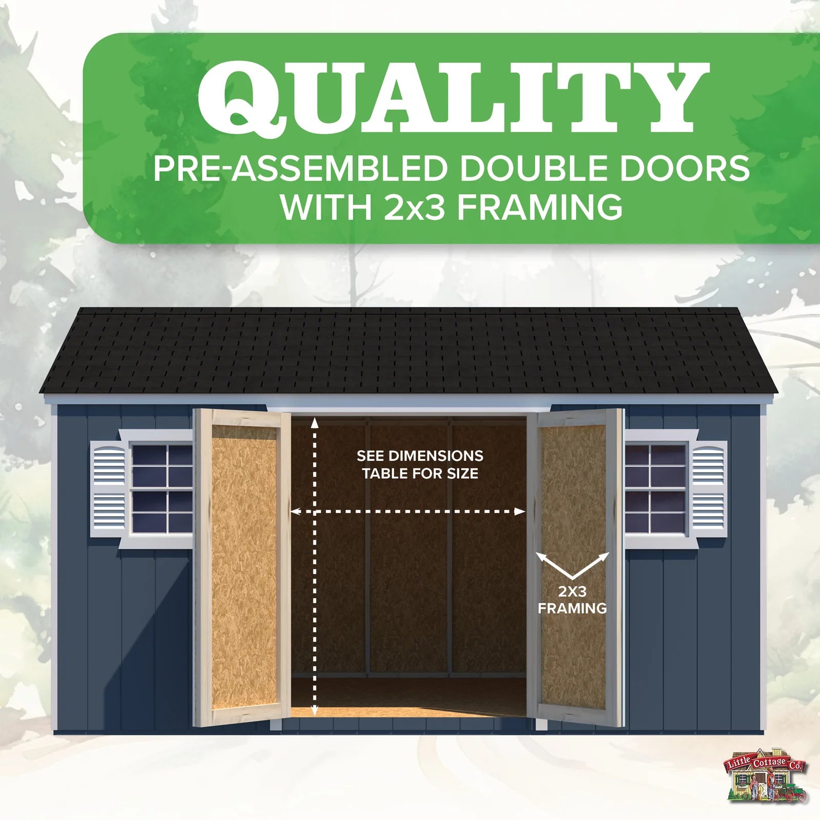 Infographic with door dimensions of the Little Cottage Co Value Workshop Storage Sheds