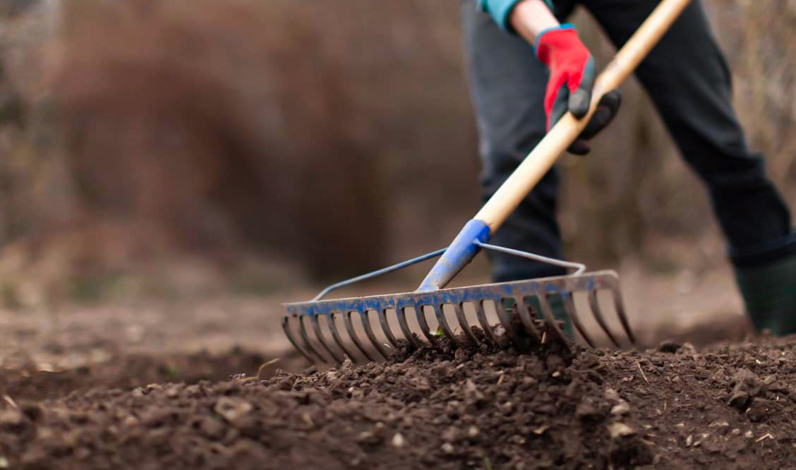 man using rake to level ground