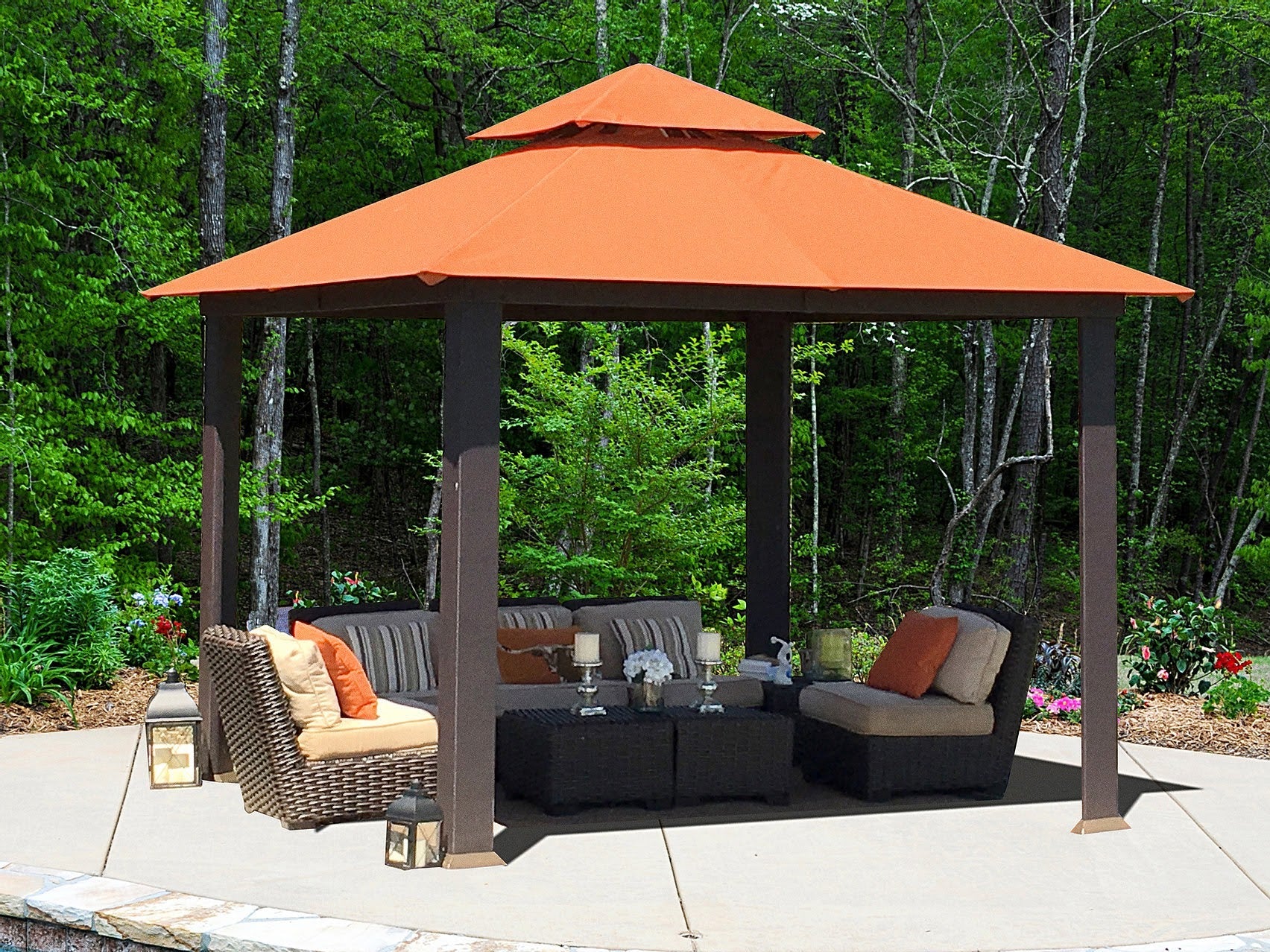 orange soft top gazebo with outdoor seating