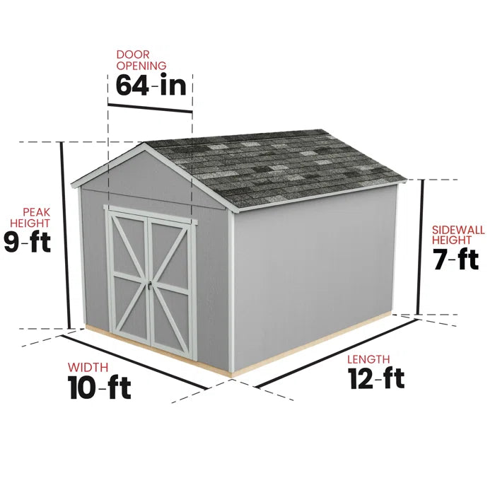 outdoor rookwood storage shed 10x12 and 9x7 vertical height dimension chart  in white background