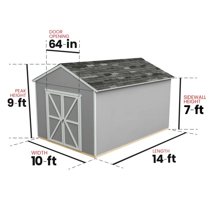 garden rookwood shed 10x14 and 9x7 vertical height dimension chart  in white background