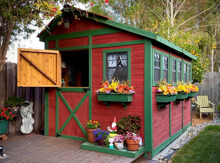 outdoor living today sunshed garden shed painted red and green with flower box