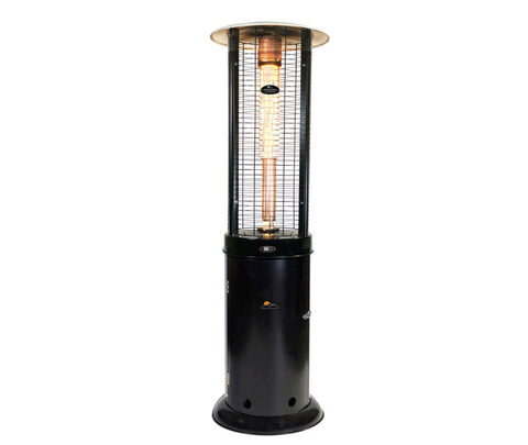 Black Paragon Outdoor Helios Flame Tower Heater with visible heating element and safety labels.