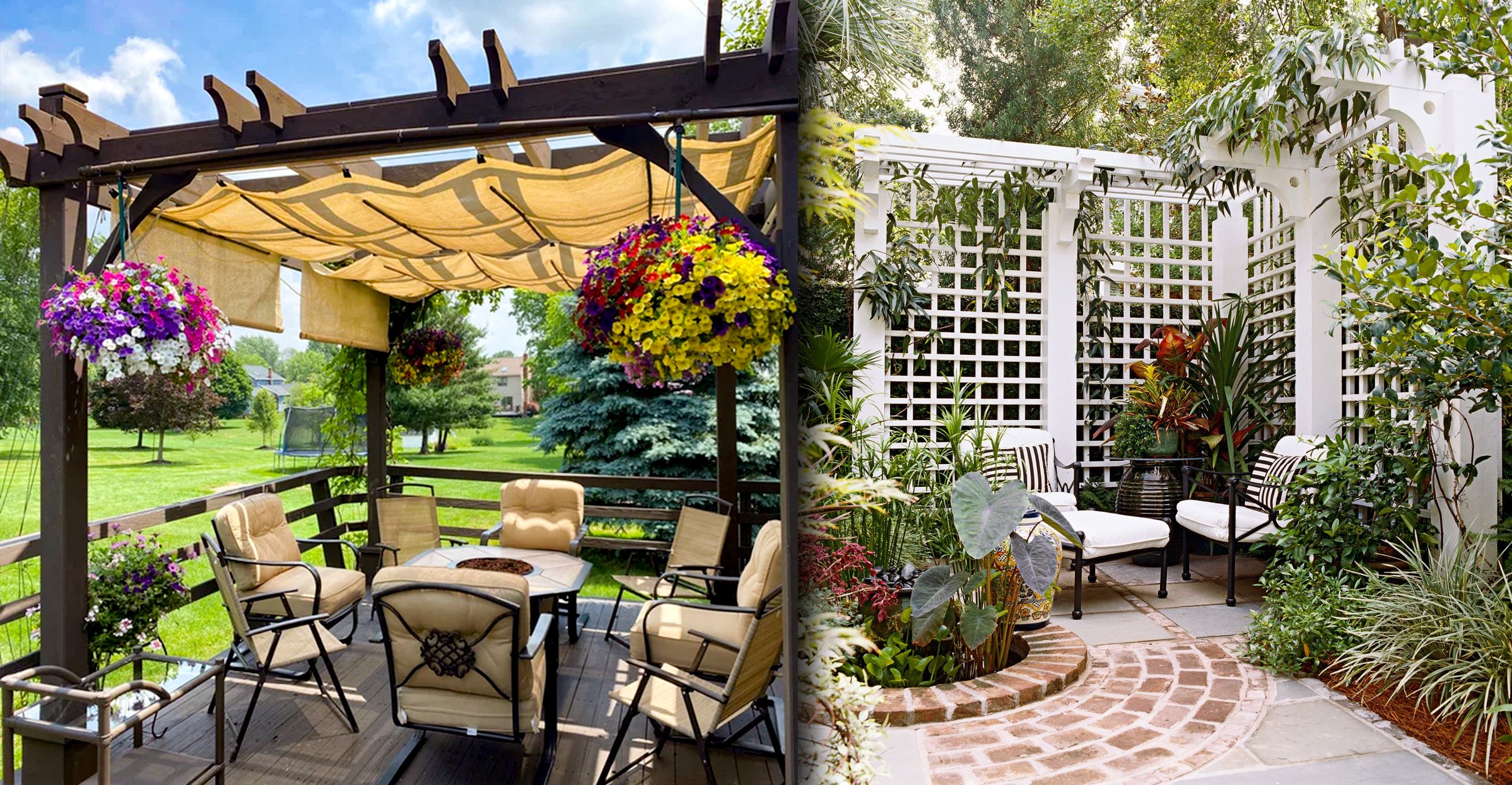 pergola and trellis with outdoor furnitures and plants