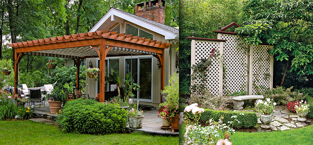 wood pergola and white trellis with outdoor furniture