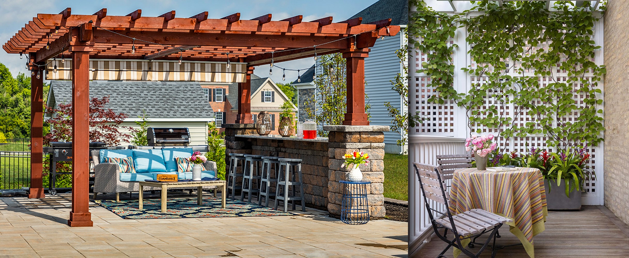 pergola with one side on an elevated brick foundation and white trellis with plants