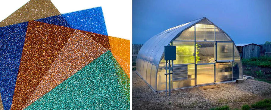 a side by side image of polycarbonate sheets and greenhouse