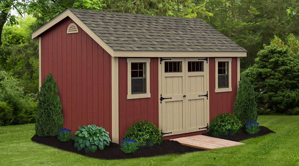 red storage shed with double doors windows and roof with shingles