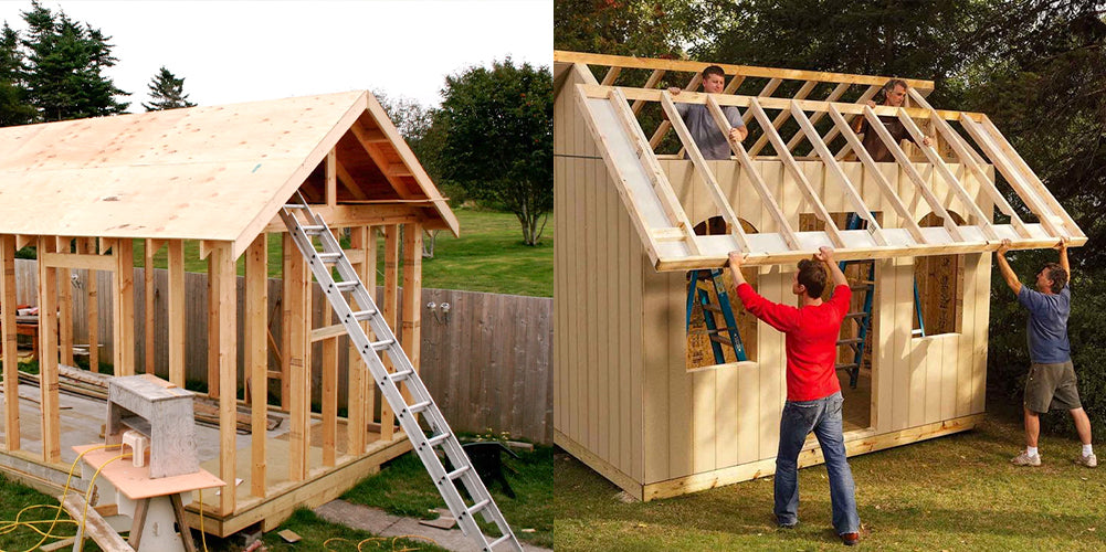 shed being built and men building a shed