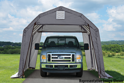 Green 12x20 ShelterLogic Sheltercoat with a steel frame providing shade for a parked car. This portable carport protects vehicles from sun, rain, and hail.