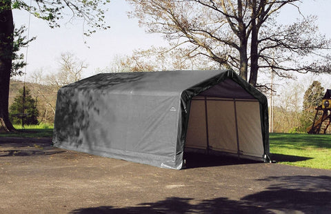 ShelterLogic Peak Style Shelter in driveway next to playground. Gray tarp with metal frame