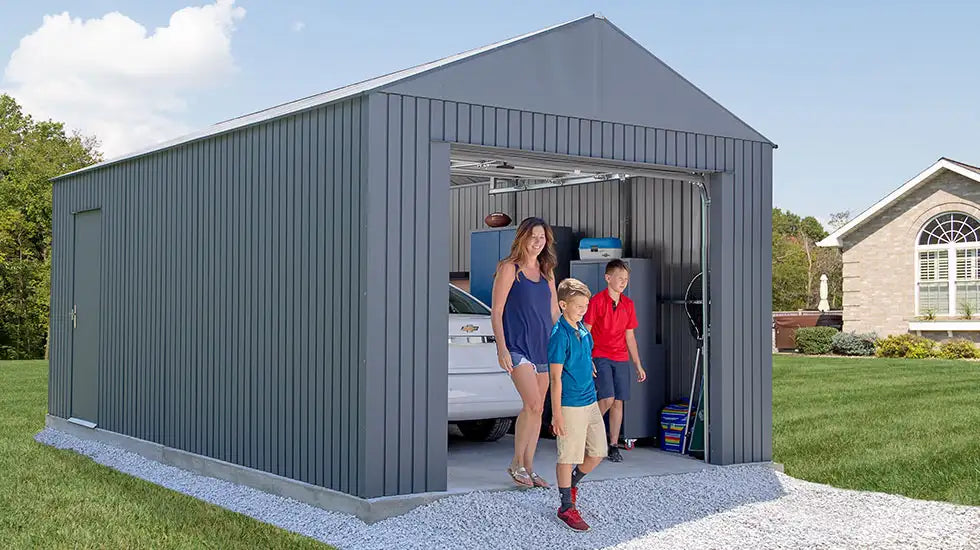 shelterlogic detached garage with roll up door and side entry on a concrete foundation