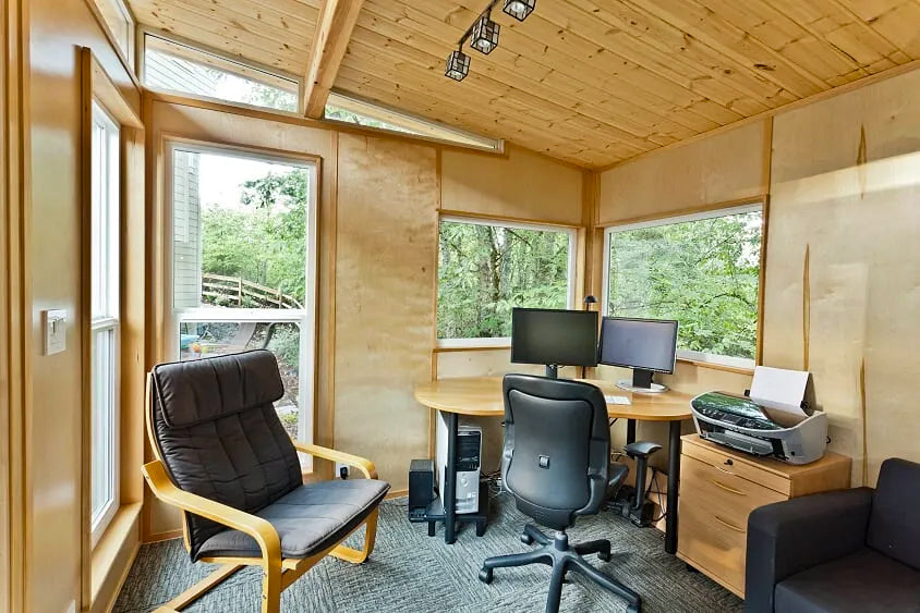 storage shed interior converted to an office