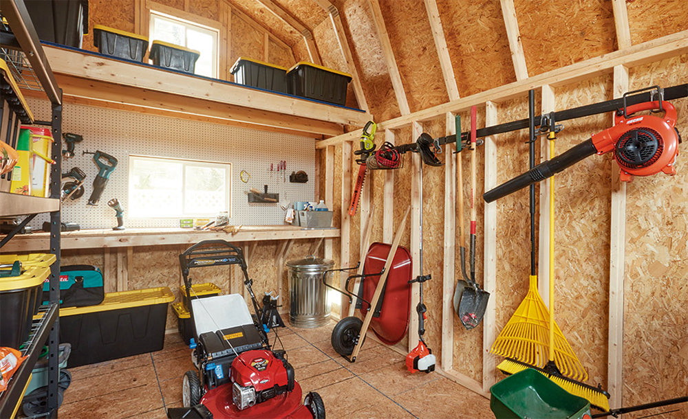storage shed interior with shelves and tools