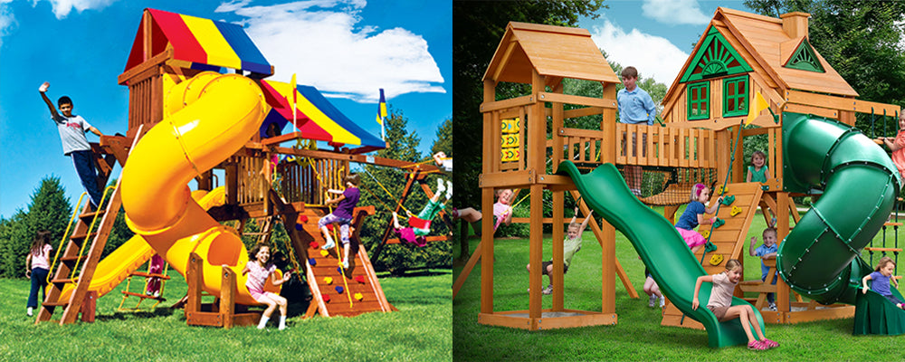 two large playsets with children playing - rainbow vs gorilla