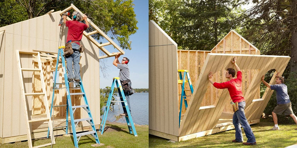 two men building a wooden shed