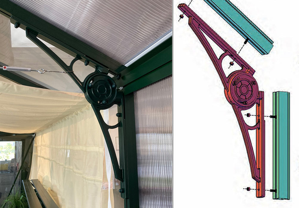 Exaco Victorian Greenhouse scroll supports provide additional structural reinforcement and visual appeal to your greenhouse.