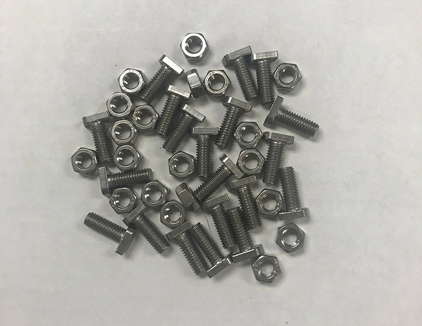  A pile of stainless steel T-bolts and nuts for greenhouse assembly.