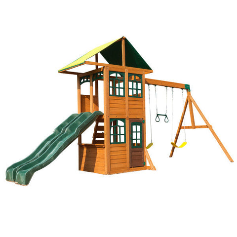 Empty outdoor wooden cove swing set