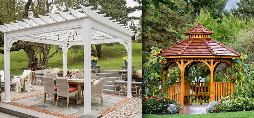 white pergola with outdoor furniture and wooden gazebo