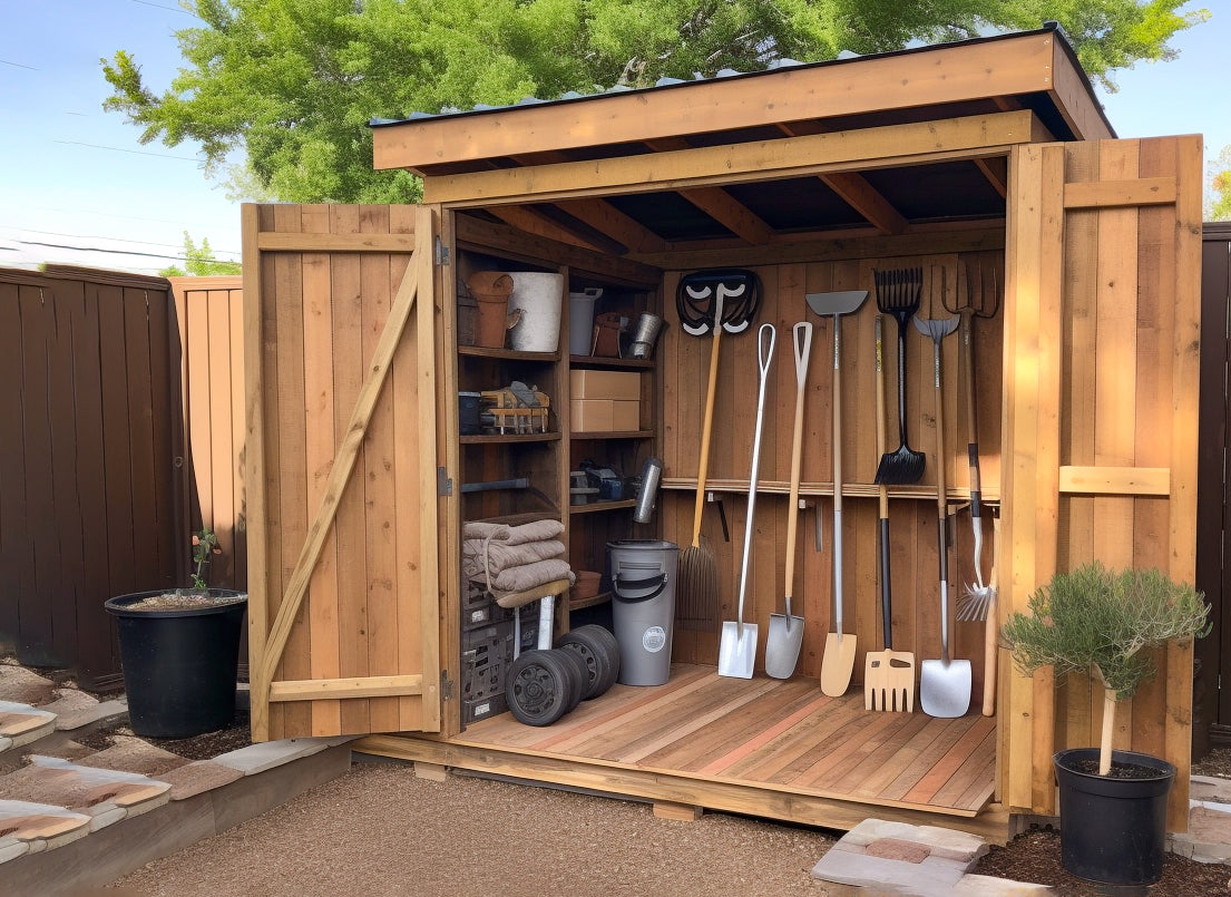 wooden storage shed with shelves garden tools inside