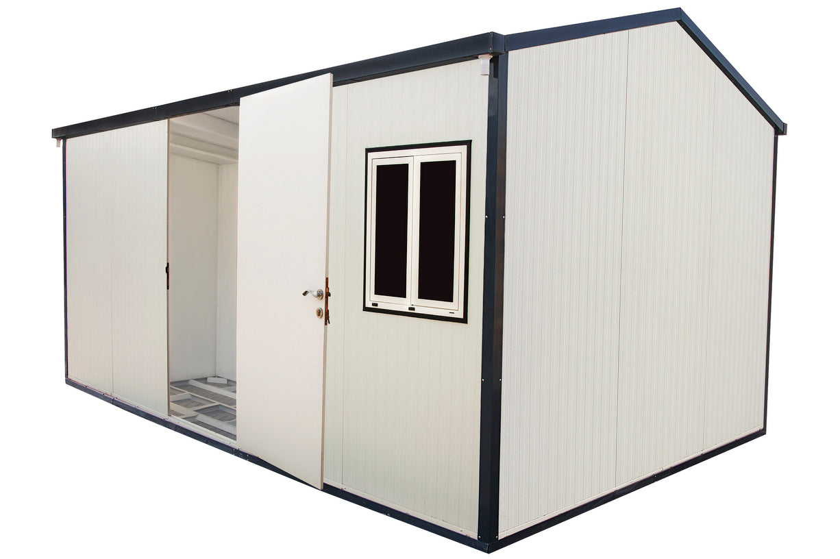Open view of a Duramax gable roof insulated building, displaying the interior layout and dual-door access, suitable for secure and spacious storage options.