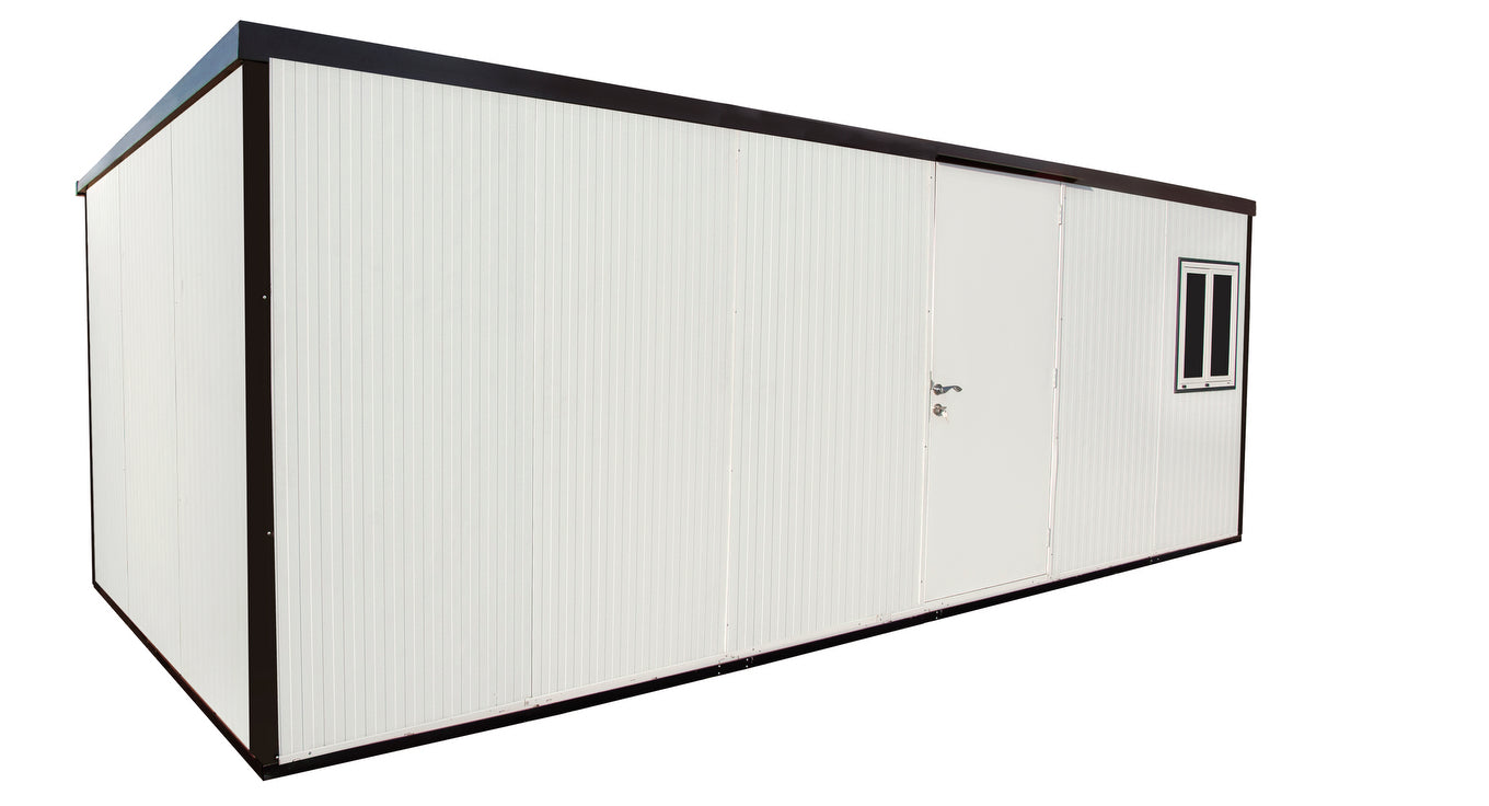 View of a Duramax insulated storage building with a flat roof, featuring a white exterior and dual entry doors, ideal for versatile outdoor storage solutions.
