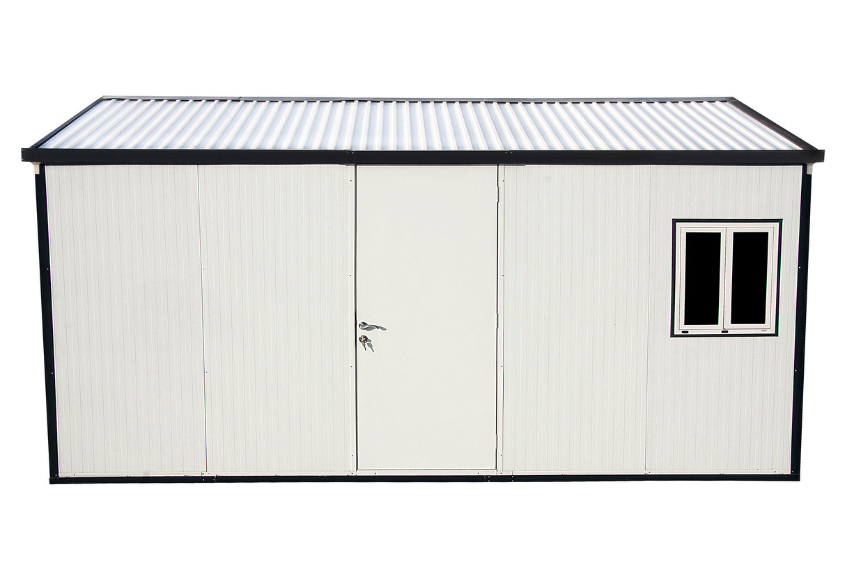 Frontal view of a Duramax insulated building with a gable roof, showcasing a minimalist white design with black trim and window, perfect for versatile use in different sizes.