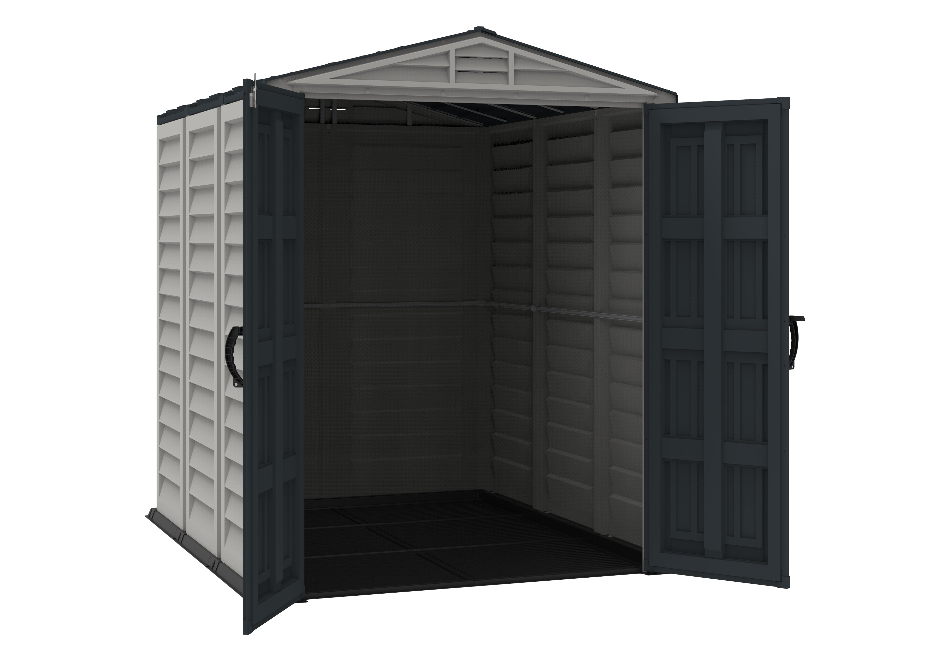 Open door view of Duramax YardMate Plus 5x8 shed, highlighting robust door mechanism and floor panel, suitable for secure outdoor storage.