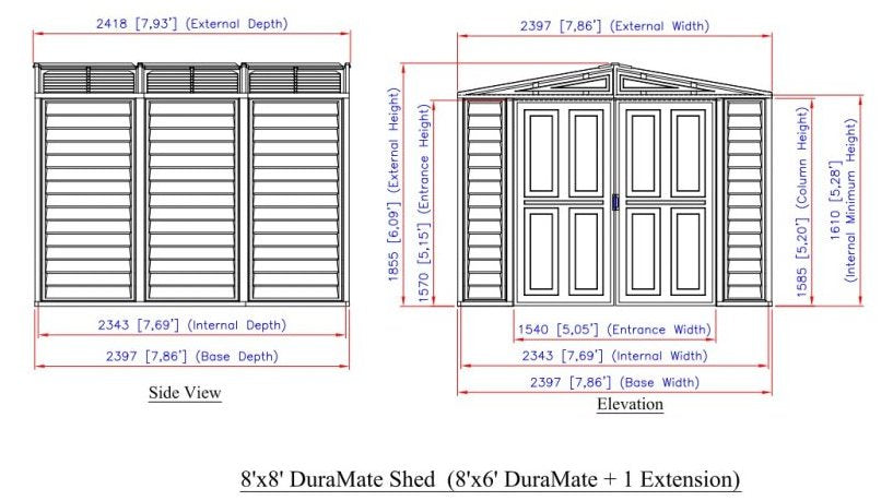 Dimensions of the Duramax Duramate 8'x8' Vinyl Shed with Foundation - 00384