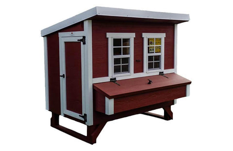 Frontal view of a classic red Large OverEZ Chicken Coop with white trim, designed for housing a flock of up to 15 chickens.