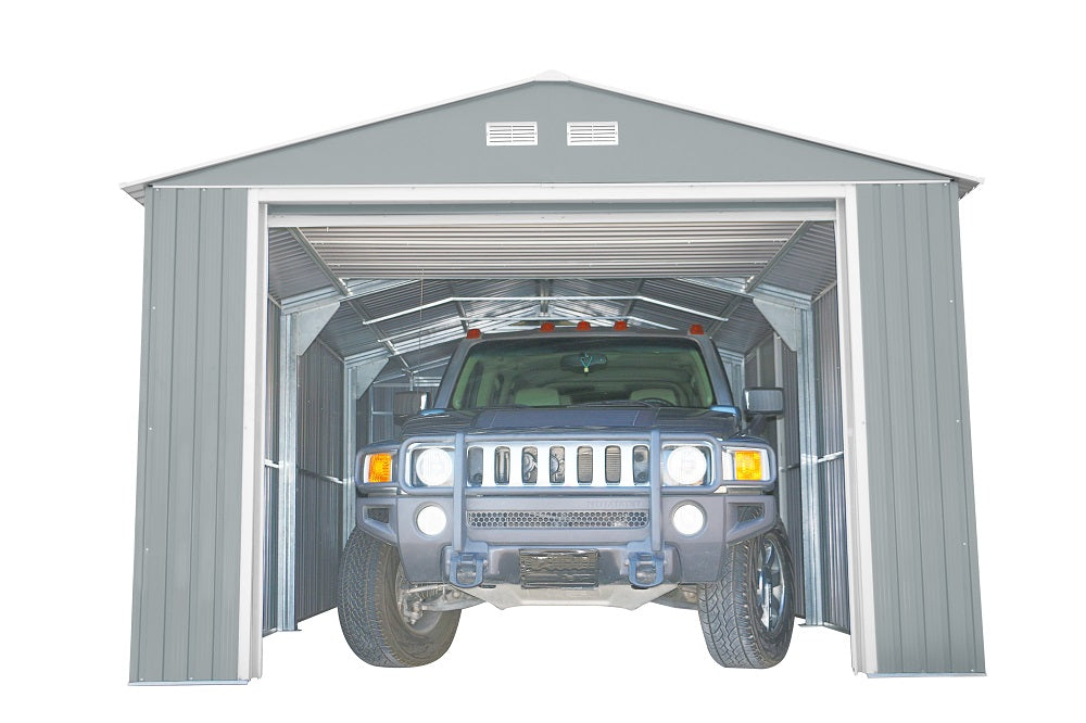 Interior shot of a 12x20 Duramax Imperial metal garage with a vehicle parked inside, demonstrating the spacious and secure storage capability.