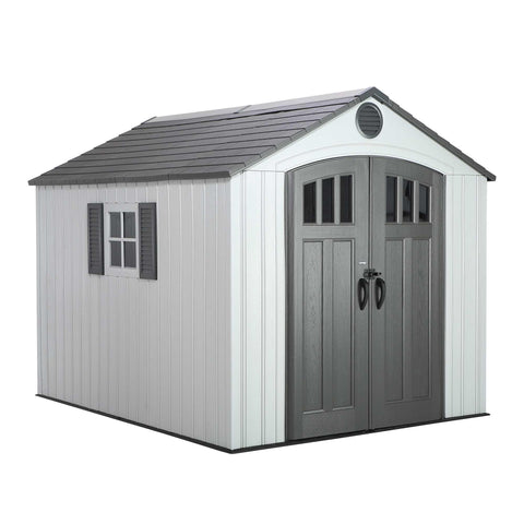 Front view of a Lifetime 60202 storage shed featuring closed doors and a window in a white background