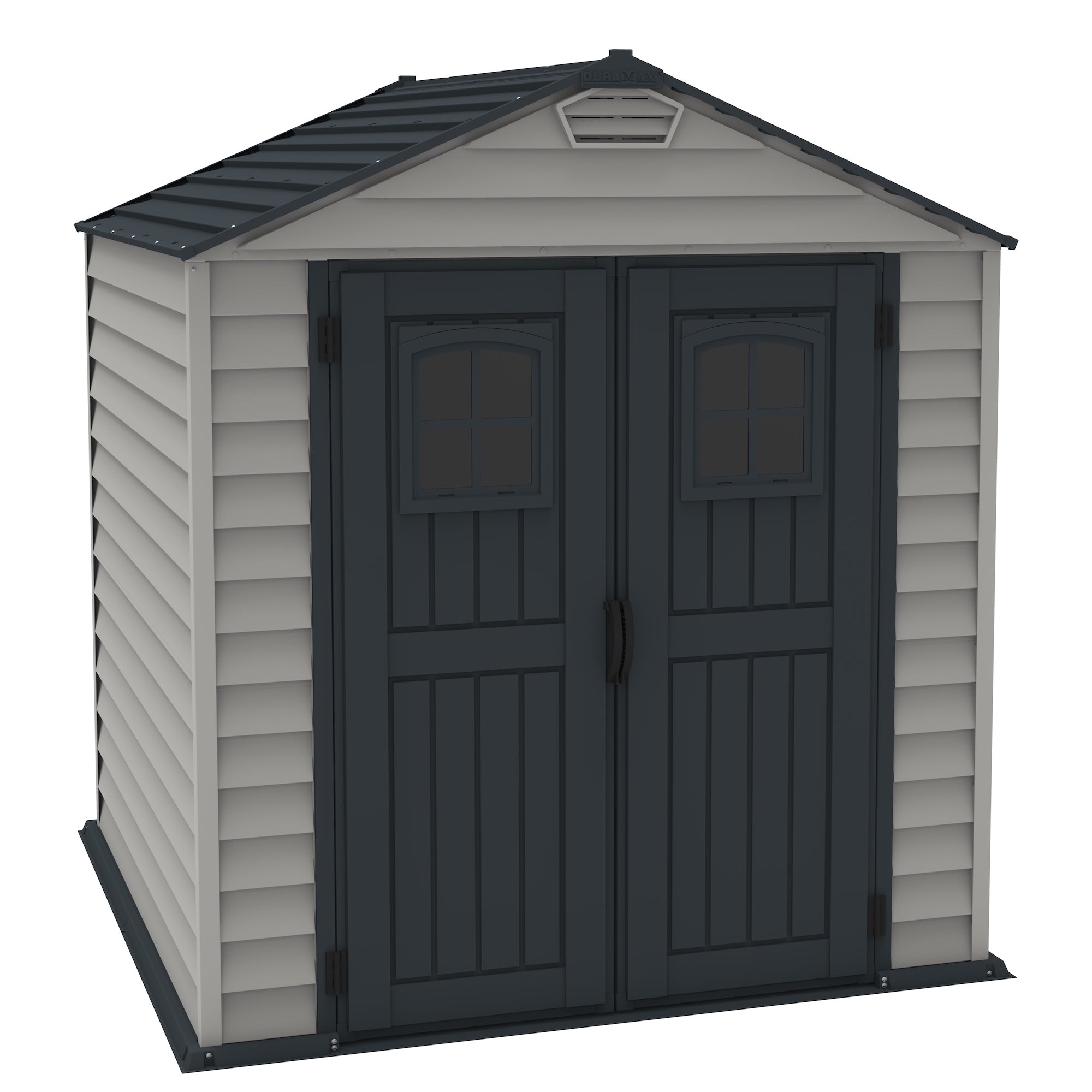 Frontal view of Duramax 7x7 StoreMax Plus Vinyl Shed with molded floor, featuring dark contrasting doors and functional side vents.