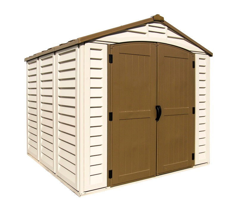 Front view of Duramax DuraPlus 8x8 Storage Shed, perfect for backyard storage solutions.