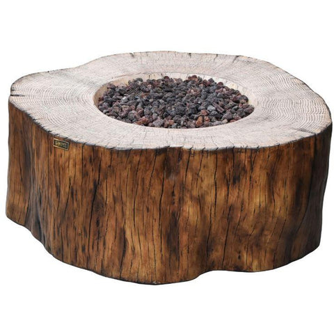 Elementi Manchester Fire Table - Redwood OFG145 with rocks on a white background