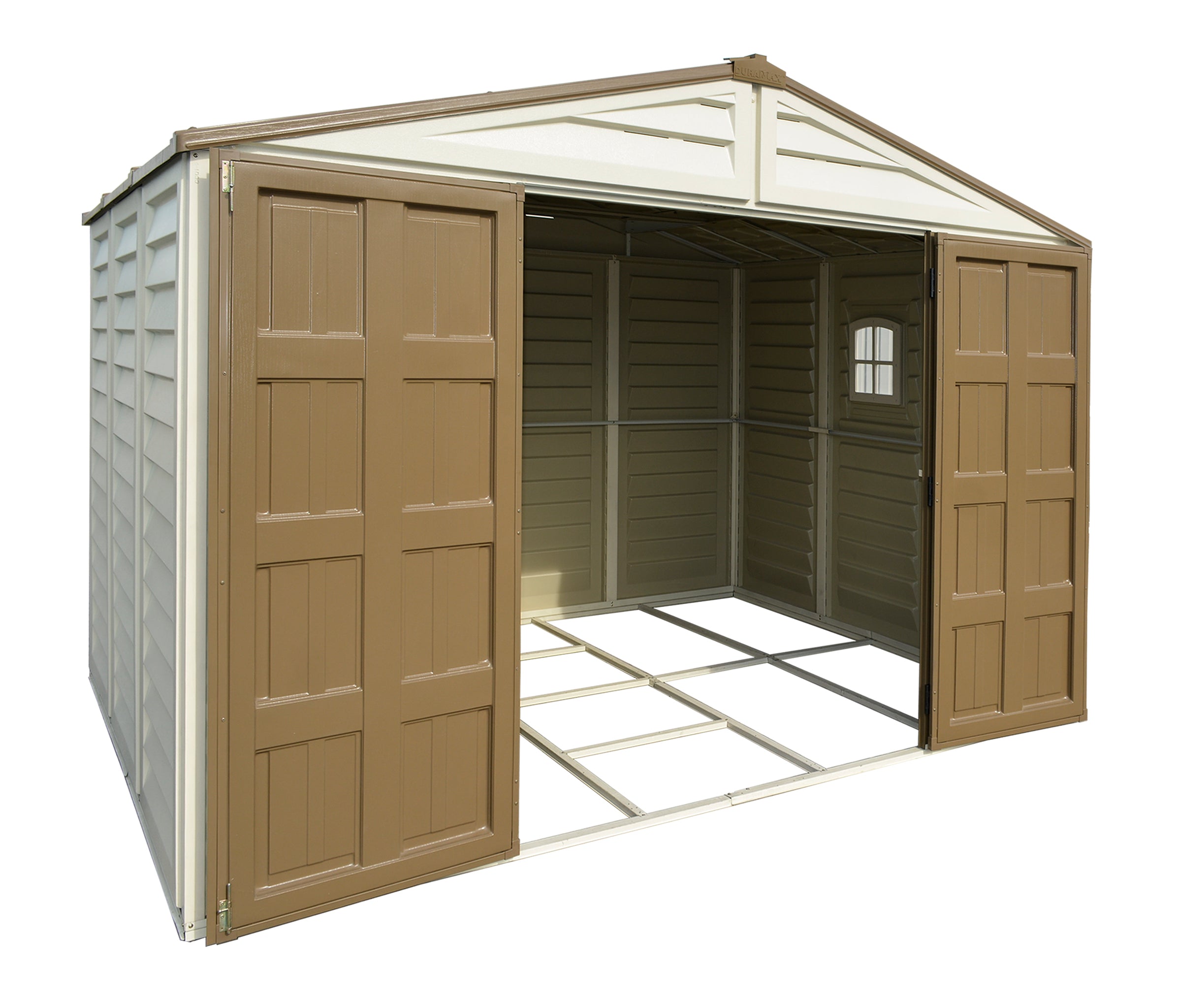 Empty interior of Duramax Woodbridge Plus 10.5x8 Shed with foundation, illustrating the ample storage space and solid build.