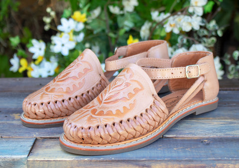 Womens Mexican Sandals, Handmade Leather Huaraches Sandals ,sandalias  Huaraches Mexicanos ,mexican Leather Shoes, Huarache Mujer JARDIN TAN 