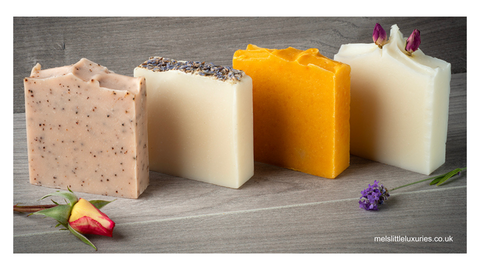 4 natural soap bars, pink clay and rosehip, lavender and patchouli, carrot-orange and ginger and rose garden soap