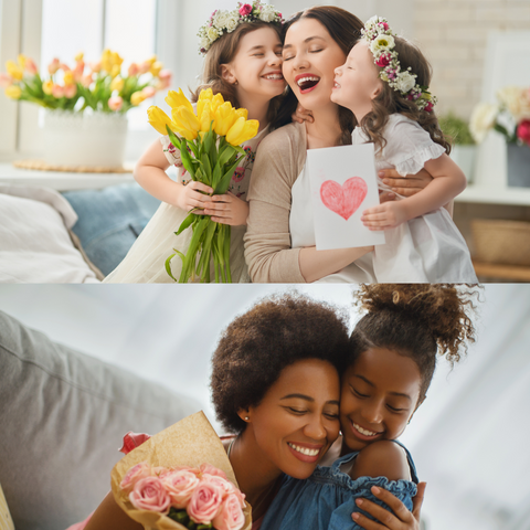 2 images of mums receiving flowers from their children