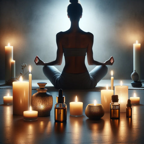 a lady in a seated yoga pose meditating, surrounded by candles and essential oil bottles