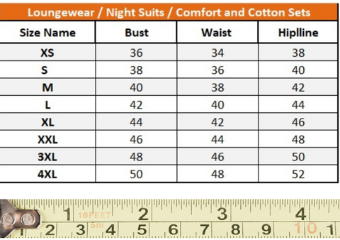 Lounge and Comfort wear Size Chart Gillori