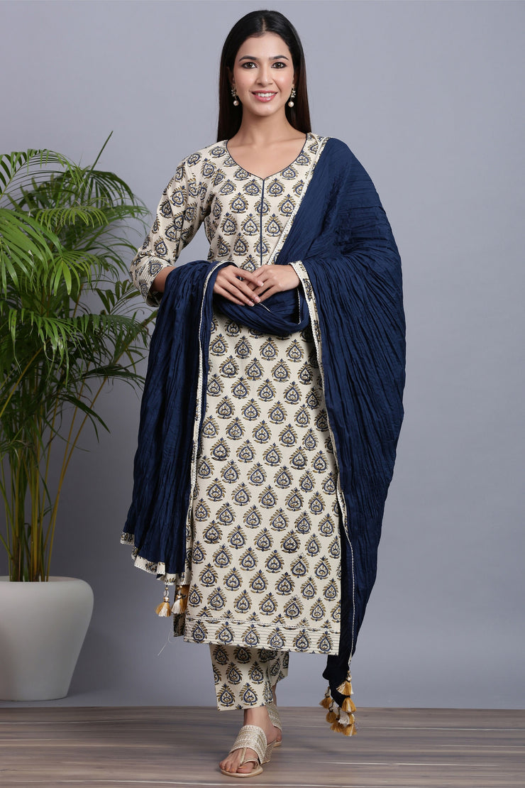 Handblock Kurta Pant Set with Dupatta – Gillori