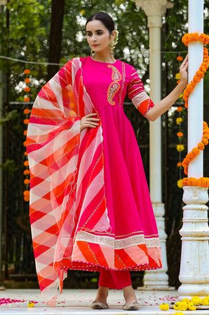 Flared Rani Pink Colour Suit Set - Gillori