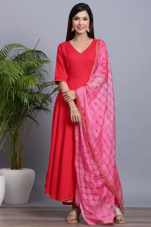 Flared Rani Pink Colour Suit Set - Gillori