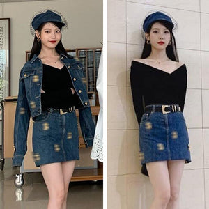 denim skirt with matching jacket