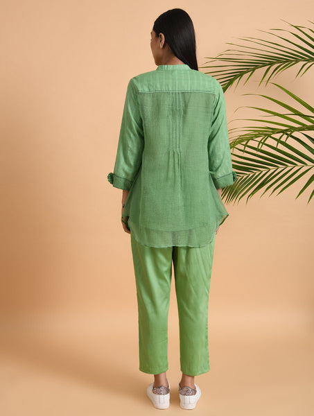 Green Cotton Silk Pants With Side Pockets & Elasticated Waist Band