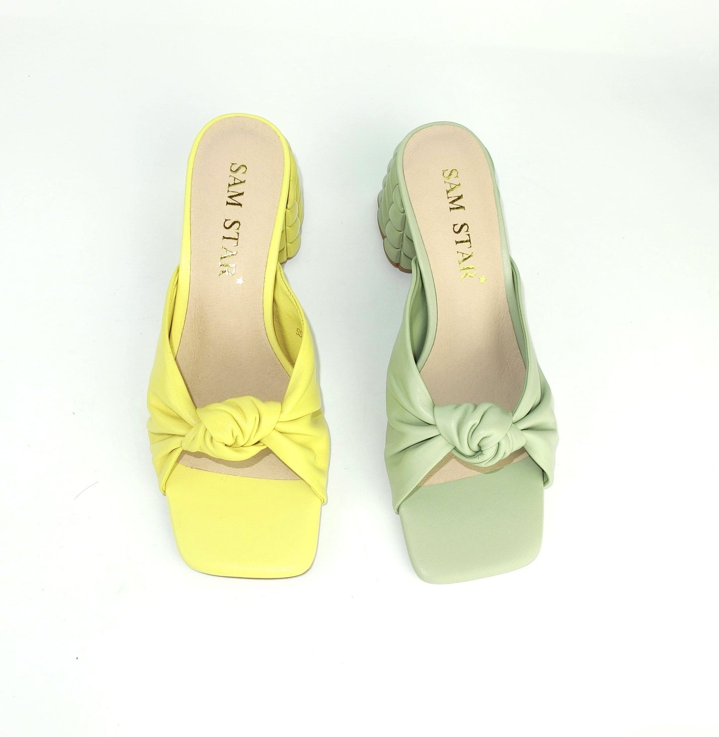 SS22013 Genuine leather bow tie block heel sandals in Mint