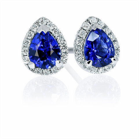 Tiny pear shaped sapphire and diamond halo studs