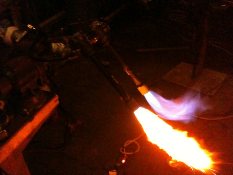 Test firing and tuning the first burners we ever used, a homemade venturi style burner system.